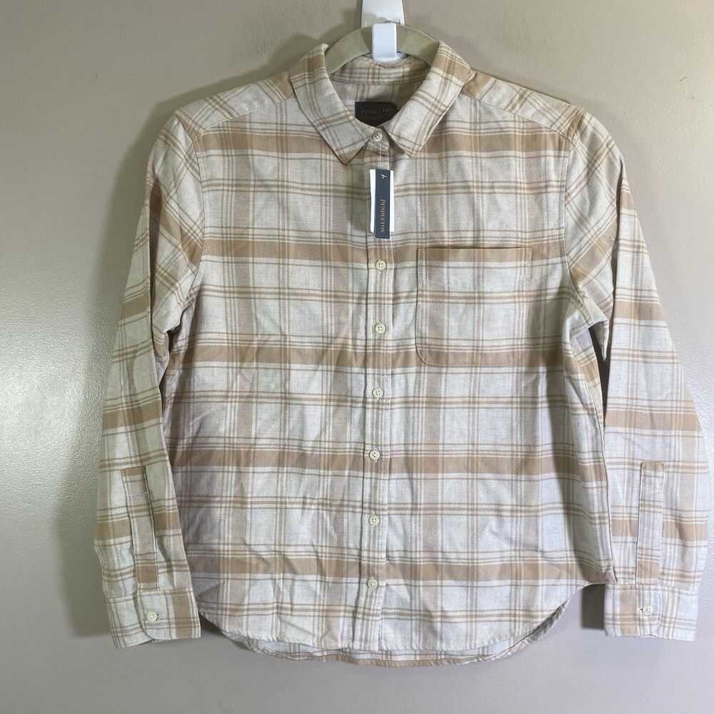 Pendleton Boyfriend Flannel Shirt Tan Cream Plaid Button Down NWT Womens Medium